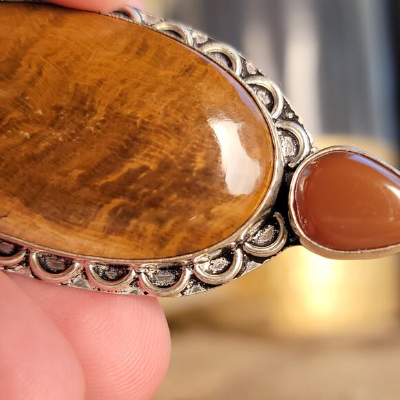 Earthy Sterling Silver Petrified Wood Pendant with Carnelian Drop - Picture 9 of 10